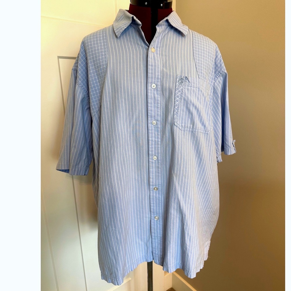Phat Farm Mens XL Short Sleeve Button Down Shirt Blue White Stripe Cotton Logo